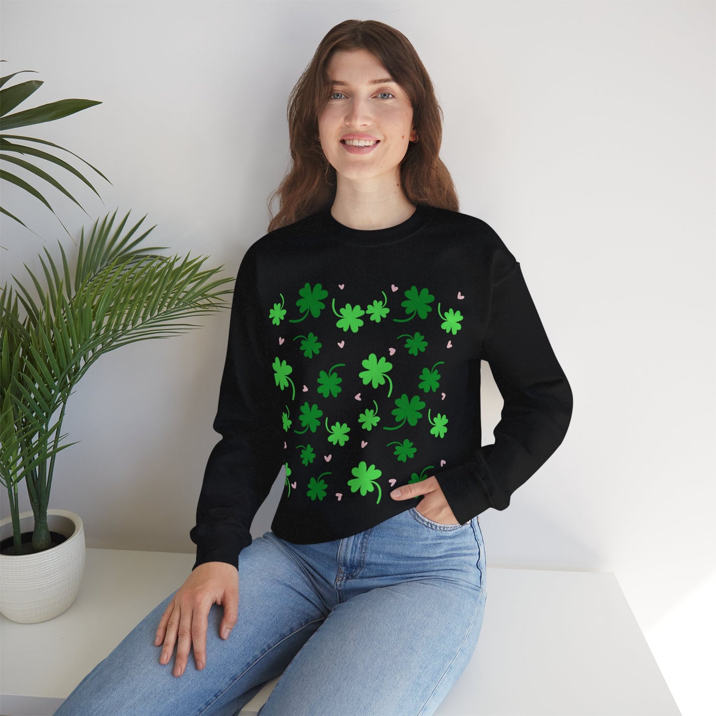 Clover Print Sweatshirt, St. Patrick's Day Jumper, Lucky Charm Sweater, Irish Shamrock Pullover, Green Leafy Top