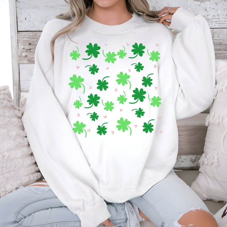 Clover Print Sweatshirt, St. Patrick's Day Jumper, Lucky Charm Sweater, Irish Shamrock Pullover, Green Leafy Top