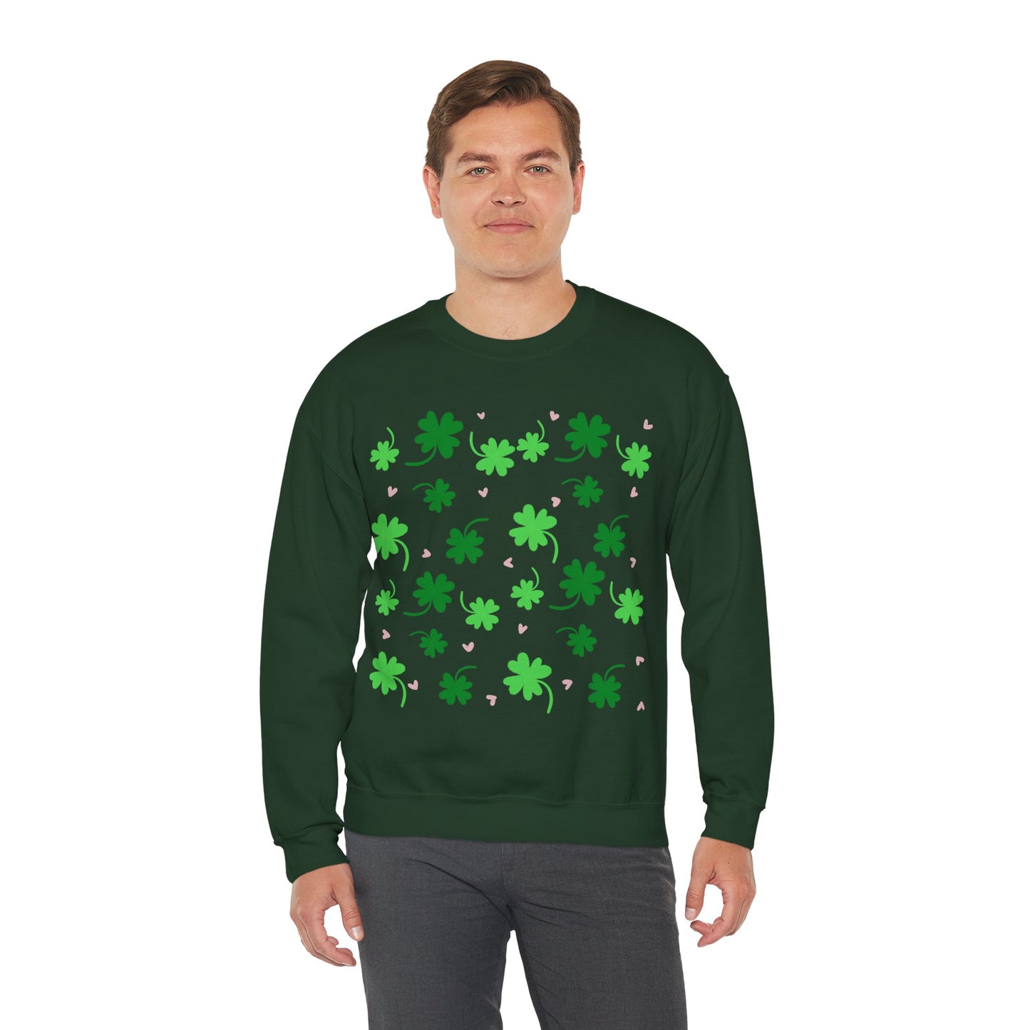 Clover Print Sweatshirt, St. Patrick's Day Jumper, Lucky Charm Sweater, Irish Shamrock Pullover, Green Leafy Top