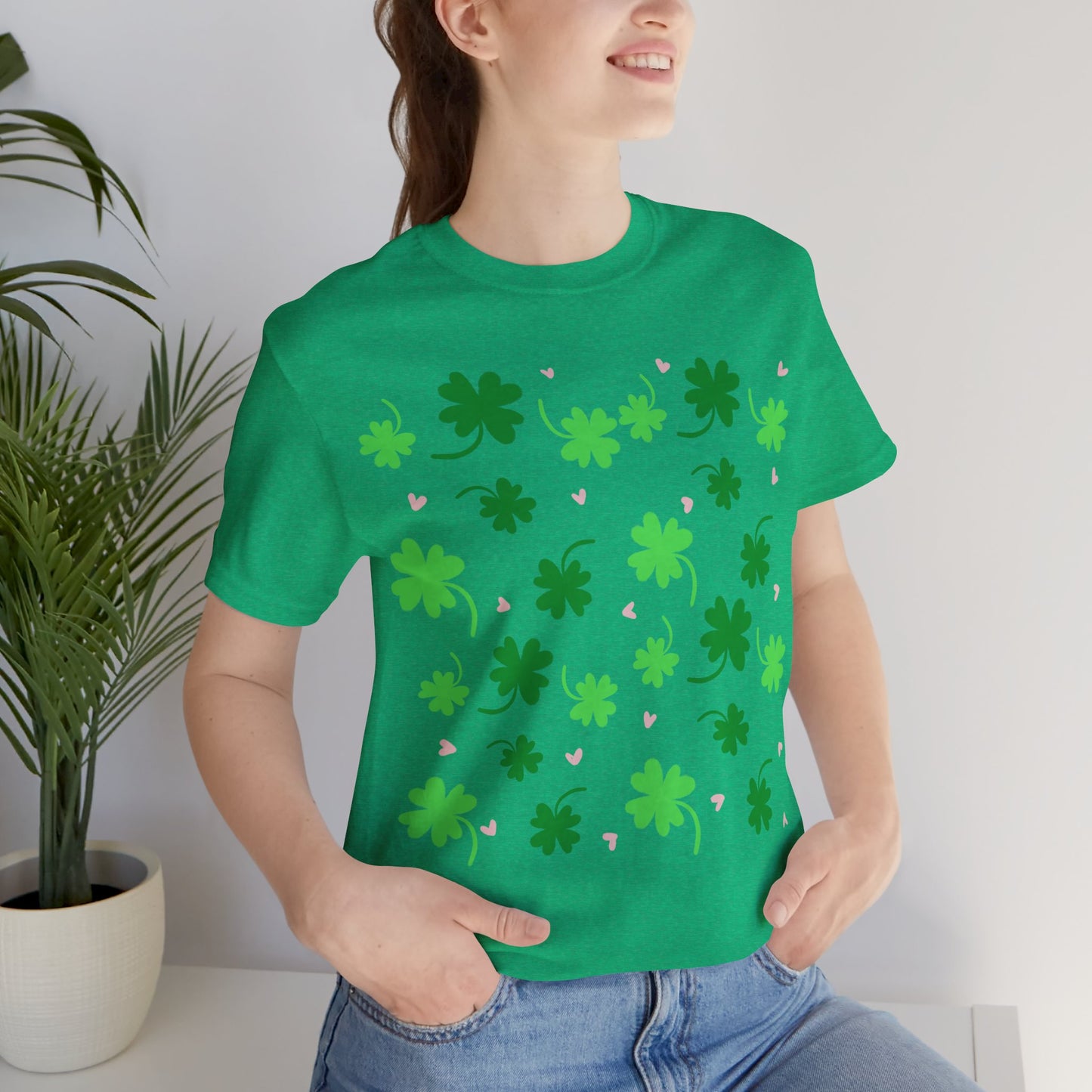 Lucky Four Leaf Clover Pattern Tee, St. Patrick's Day Shirt, Irish Luck T-Shirt, Good Luck Charm Top, Shamrock Print Apparel