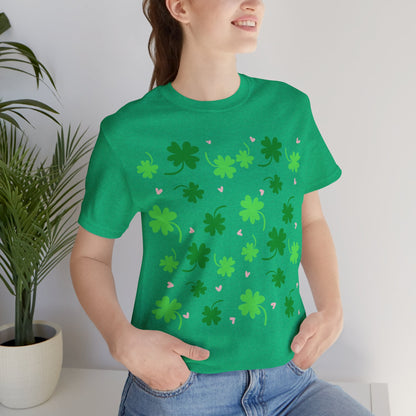 Lucky Four Leaf Clover Pattern Tee, St. Patrick's Day Shirt, Irish Luck T-Shirt, Good Luck Charm Top, Shamrock Print Apparel