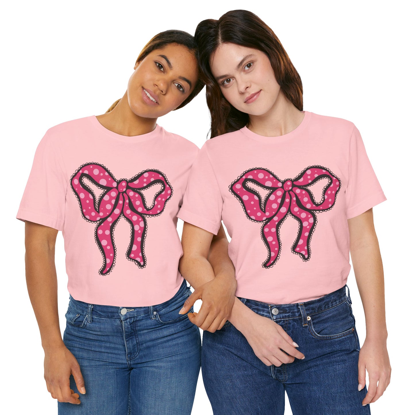 Pink Ruffle Bow Polka Dot Design T-Shirt, Shirt, Top, Tee - Unisex Jersey Short Sleeve Shirt for All Ages and Genders