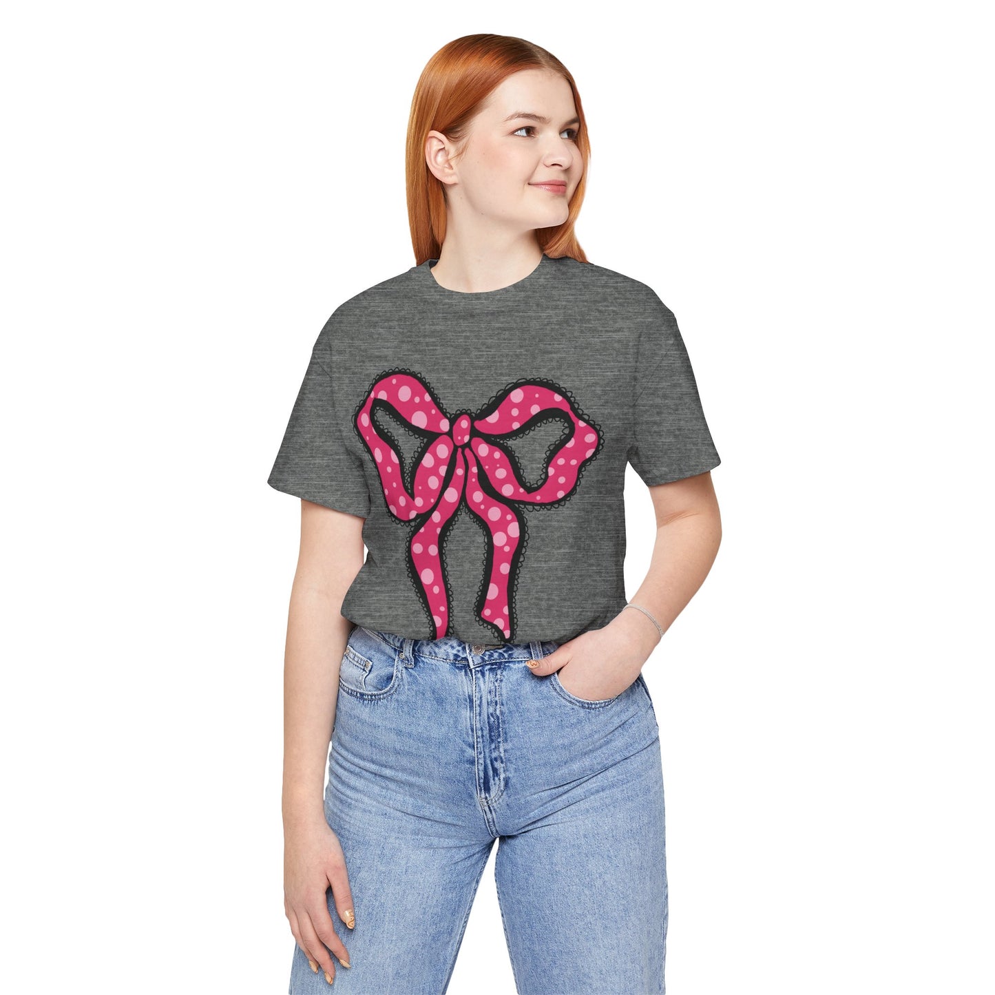 Pink Ruffle Bow Polka Dot Design T-Shirt, Shirt, Top, Tee - Unisex Jersey Short Sleeve Shirt for All Ages and Genders