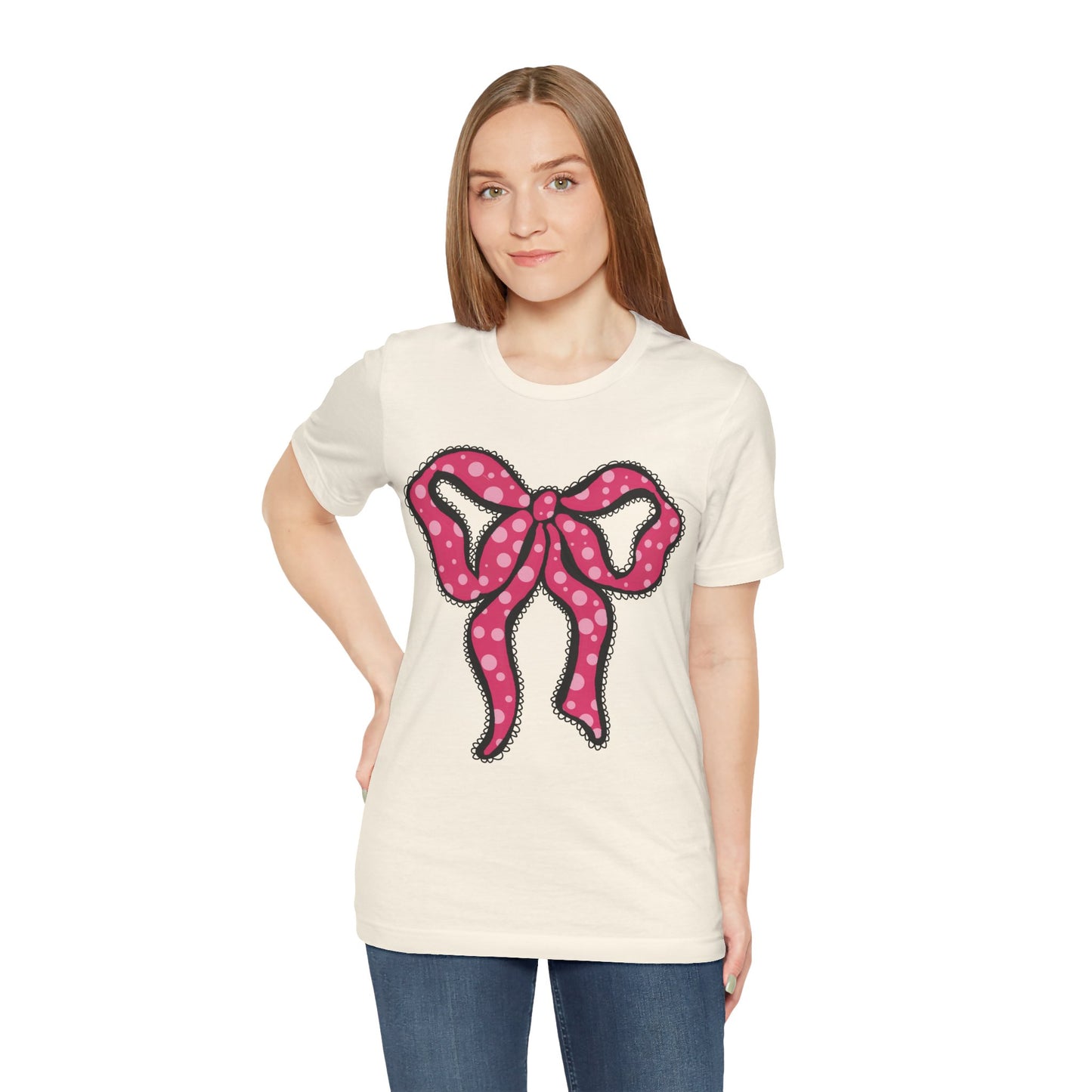 Pink Ruffle Bow Polka Dot Design T-Shirt, Shirt, Top, Tee - Unisex Jersey Short Sleeve Shirt for All Ages and Genders