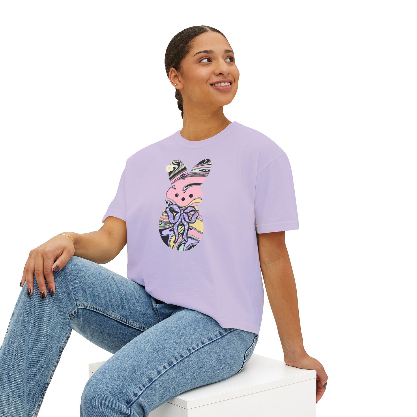 Comfort Colors Stylish Women's Boxy Tee with Colorful Swirl Bunny Design, Fun Spring Shirt, Easter Gift, Casual Wear, Fashionable Tee