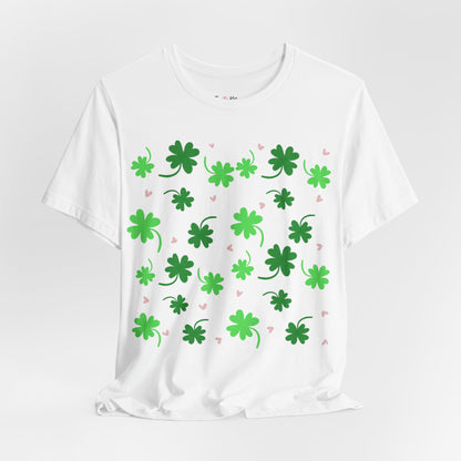 Lucky Four Leaf Clover Pattern Tee, St. Patrick's Day Shirt, Irish Luck T-Shirt, Good Luck Charm Top, Shamrock Print Apparel