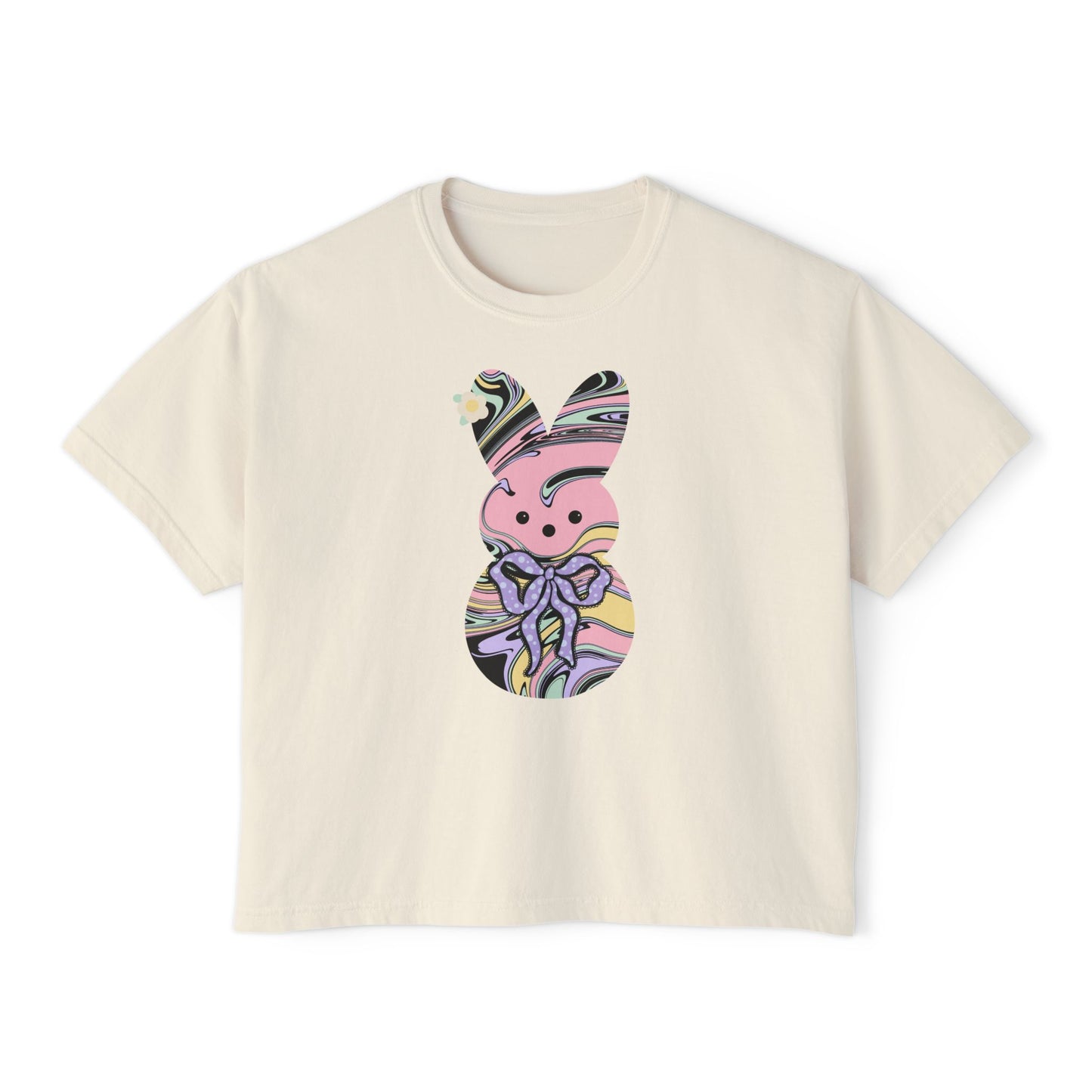 Comfort Colors Stylish Women's Boxy Tee with Colorful Swirl Bunny Design, Fun Spring Shirt, Easter Gift, Casual Wear, Fashionable Tee