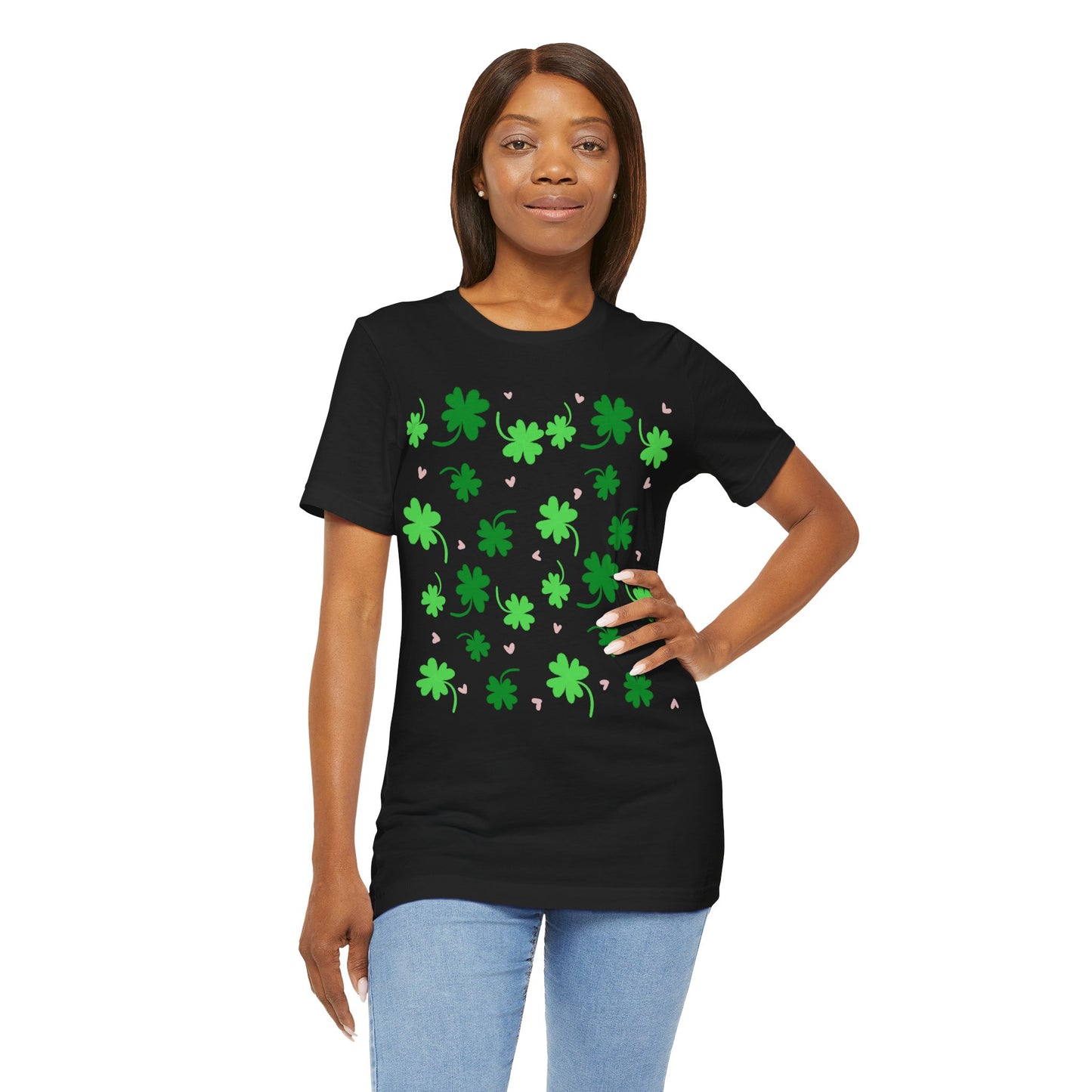 Lucky Four Leaf Clover Pattern Tee, St. Patrick's Day Shirt, Irish Luck T-Shirt, Good Luck Charm Top, Shamrock Print Apparel
