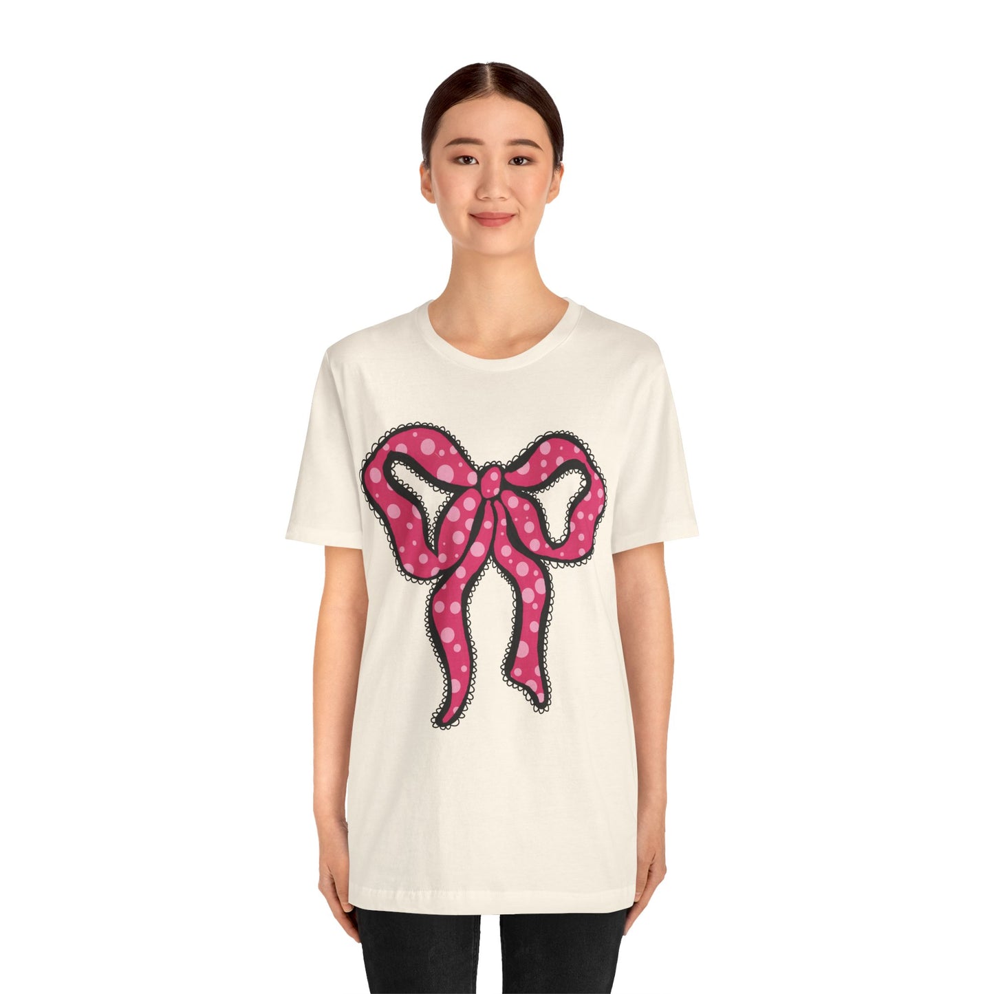 Pink Ruffle Bow Polka Dot Design T-Shirt, Shirt, Top, Tee - Unisex Jersey Short Sleeve Shirt for All Ages and Genders
