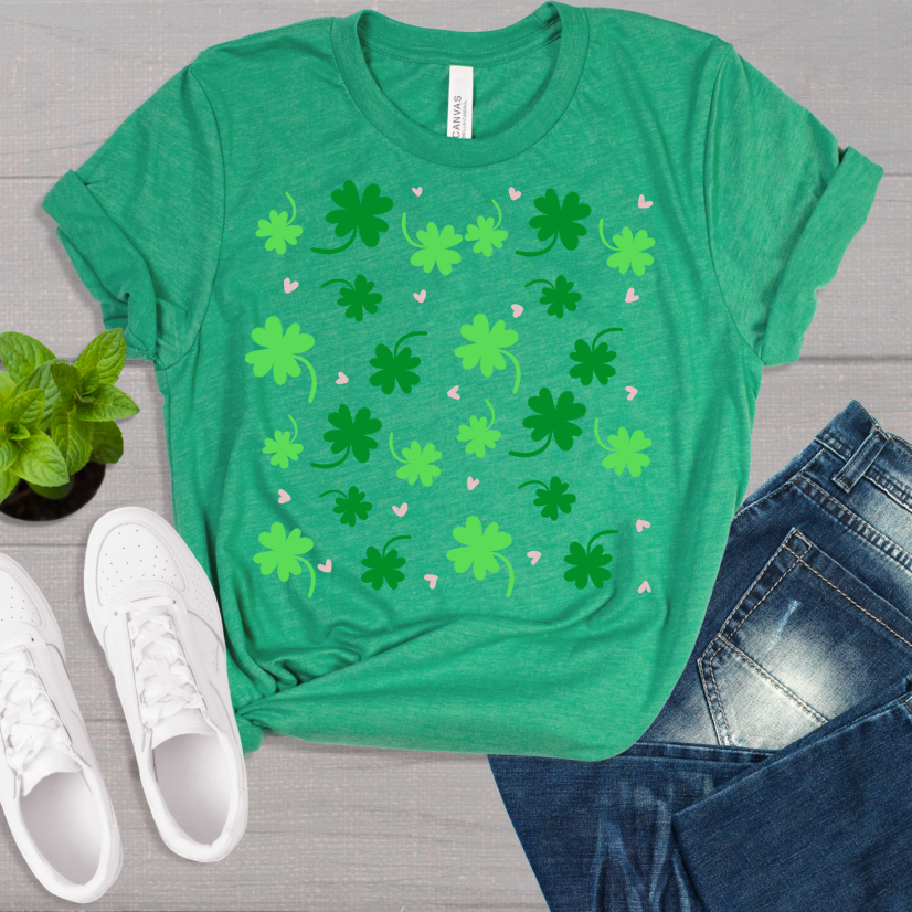 Lucky Four Leaf Clover Pattern Tee, St. Patrick's Day Shirt, Irish Luck T-Shirt, Good Luck Charm Top, Shamrock Print Apparel