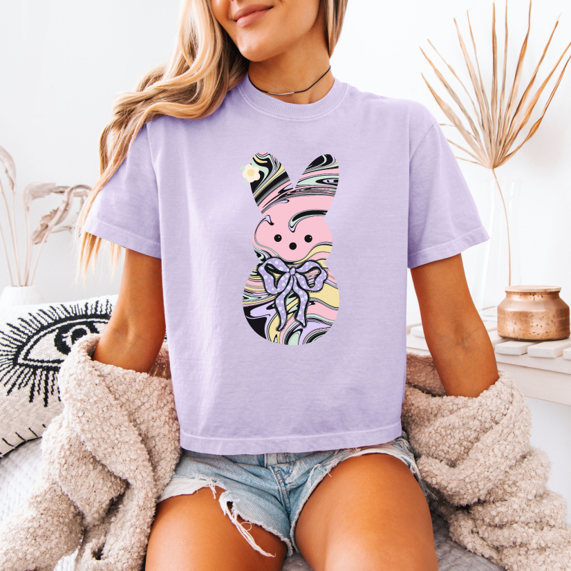 Comfort Colors Stylish Women's Boxy Tee with Colorful Swirl Bunny Design, Fun Spring Shirt, Easter Gift, Casual Wear, Fashionable Tee