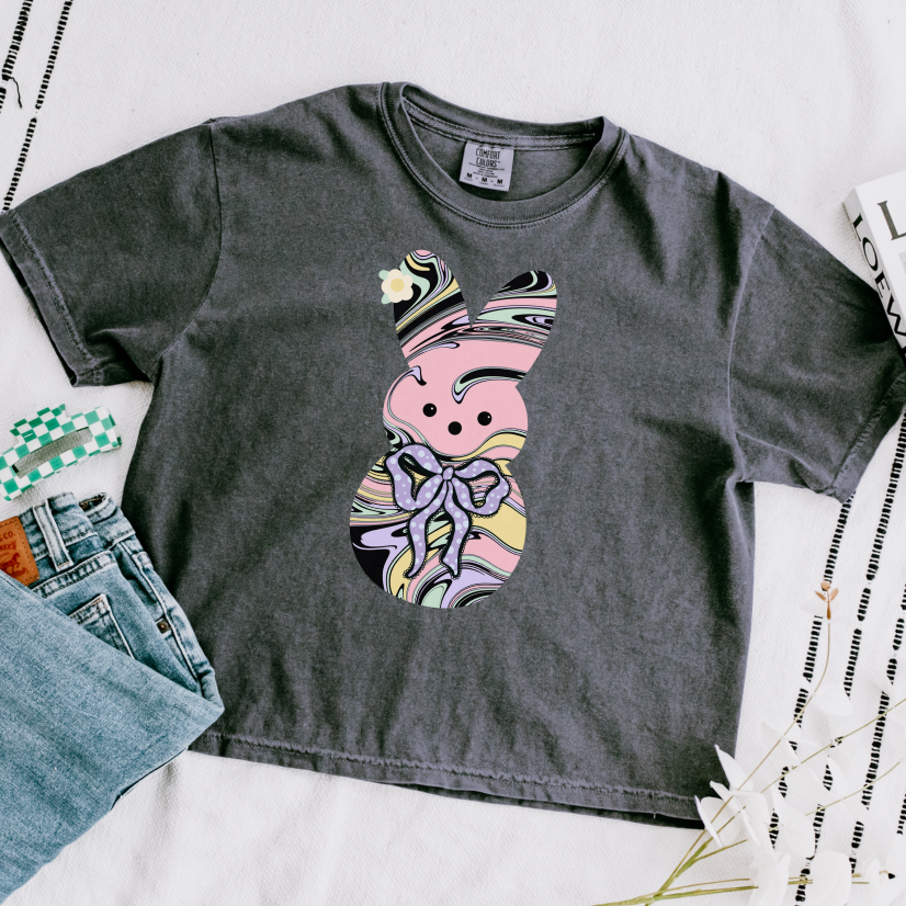 Comfort Colors Stylish Women's Boxy Tee with Colorful Swirl Bunny Design, Fun Spring Shirt, Easter Gift, Casual Wear, Fashionable Tee