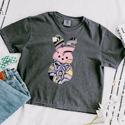 Comfort Colors Stylish Women's Boxy Tee with Colorful Swirl Bunny Design, Fun Spring Shirt, Easter Gift, Casual Wear, Fashionable Tee