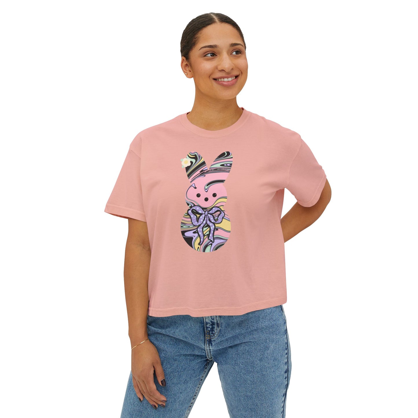 Comfort Colors Stylish Women's Boxy Tee with Colorful Swirl Bunny Design, Fun Spring Shirt, Easter Gift, Casual Wear, Fashionable Tee