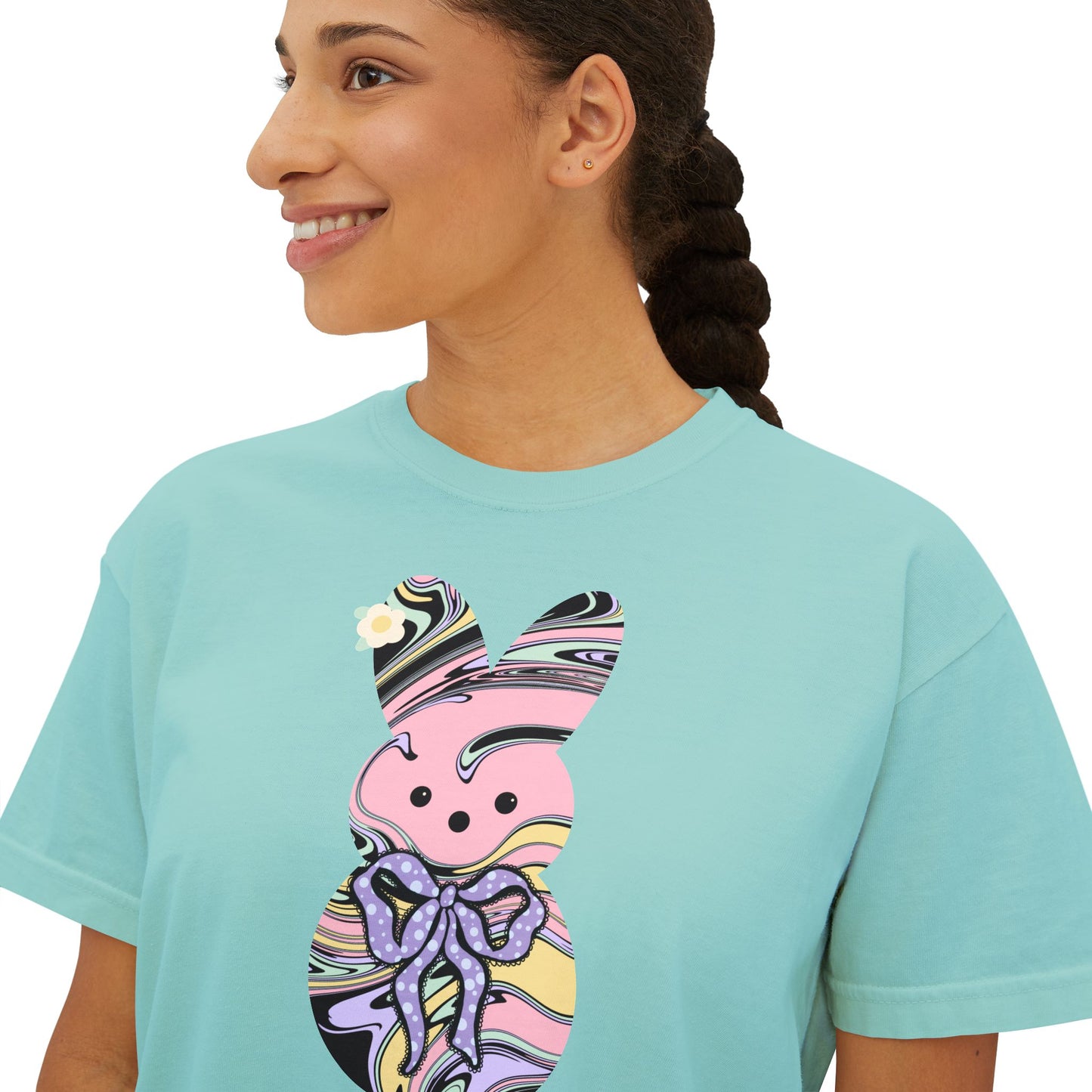 Comfort Colors Stylish Women's Boxy Tee with Colorful Swirl Bunny Design, Fun Spring Shirt, Easter Gift, Casual Wear, Fashionable Tee