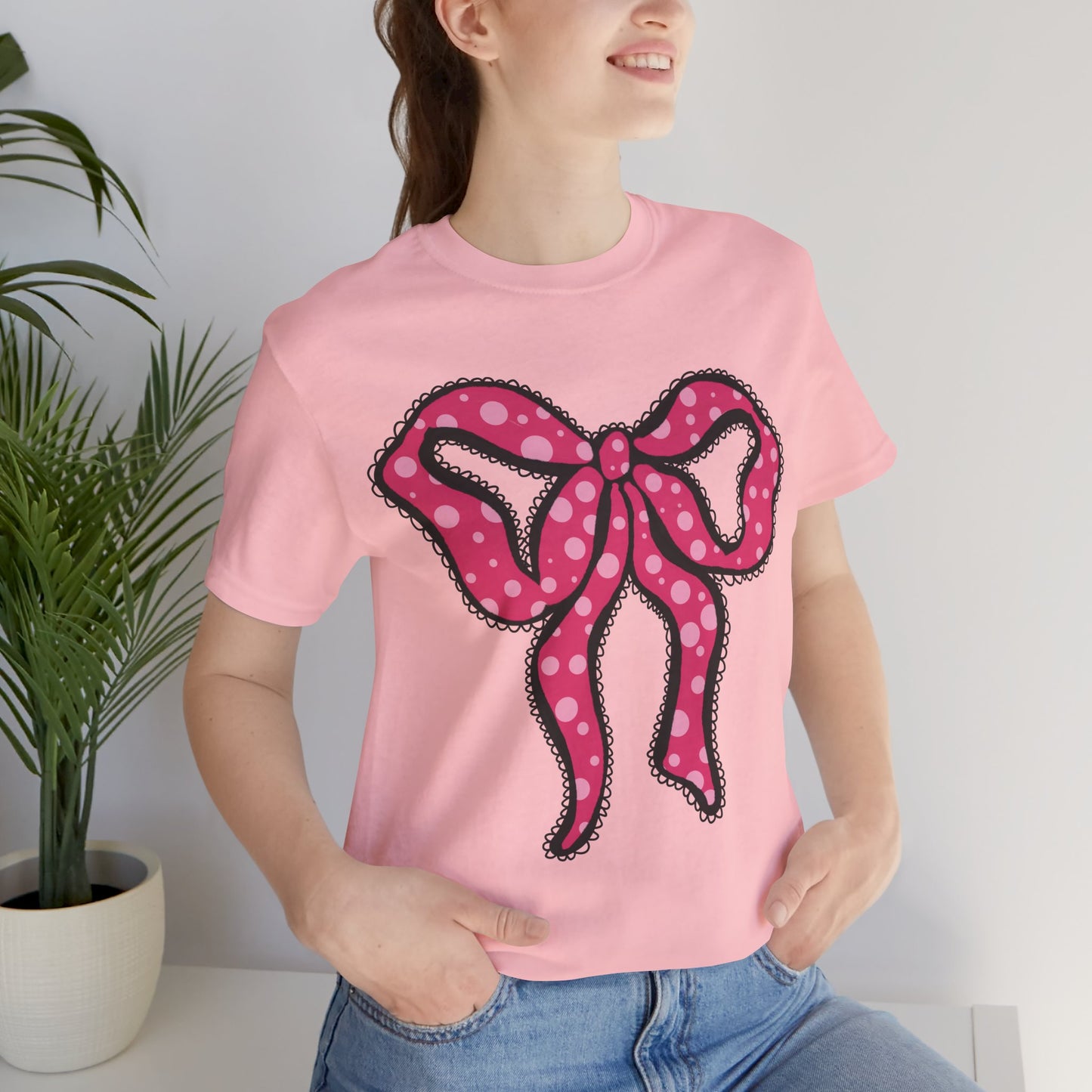 Pink Ruffle Bow Polka Dot Design T-Shirt, Shirt, Top, Tee - Unisex Jersey Short Sleeve Shirt for All Ages and Genders