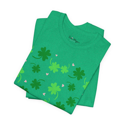 Lucky Four Leaf Clover Pattern Tee, St. Patrick's Day Shirt, Irish Luck T-Shirt, Good Luck Charm Top, Shamrock Print Apparel