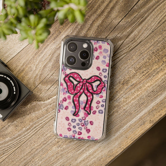 Phone Case, Pink Ruffle Bow Design, MagSafe Case, Clear Impact Cover, Cute Phone Accessories, Gift for Her