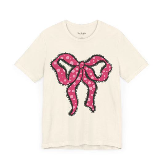 Pink Ruffle Bow Polka Dot Design T-Shirt, Shirt, Top, Tee - Unisex Jersey Short Sleeve Shirt for All Ages and Genders