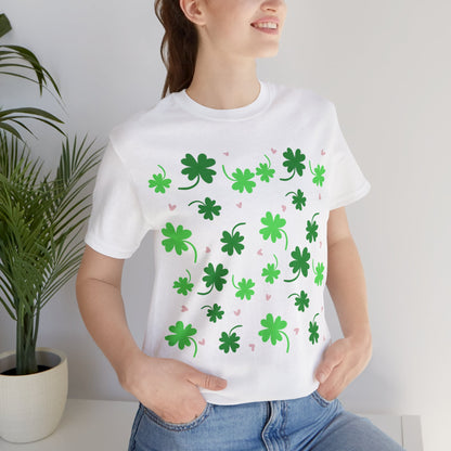 Lucky Four Leaf Clover Pattern Tee, St. Patrick's Day Shirt, Irish Luck T-Shirt, Good Luck Charm Top, Shamrock Print Apparel