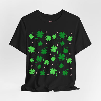 Lucky Four Leaf Clover Pattern Tee, St. Patrick's Day Shirt, Irish Luck T-Shirt, Good Luck Charm Top, Shamrock Print Apparel