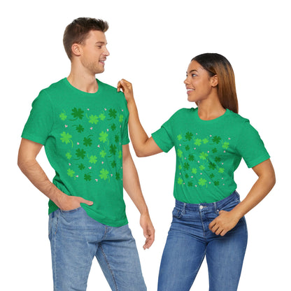 Lucky Four Leaf Clover Pattern Tee, St. Patrick's Day Shirt, Irish Luck T-Shirt, Good Luck Charm Top, Shamrock Print Apparel
