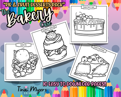 COMING SOON!! The Bakery Case - "Pie and Fruit Desserts" 10 pack of digital coloring pages, digital download @Tinaxcolors