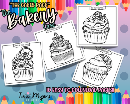 COMING SOON!! The Bakery Case - "The Cakes" 10 pack of digital coloring pages, digital download @Tinaxcolors